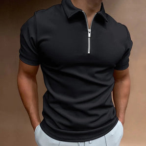 Men's slim fit black zipper polo shirt in size 3XL featuring a stylish collar and short sleeves, showcasing a modern and casual look.