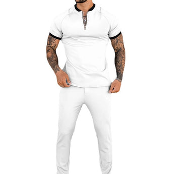 Men's slim fit black zipper polo shirt featuring a stylish design, with a collar, short sleeves, and a zipper closure, suitable for showcasing tattoos.