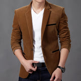 Men's slim fit brown corduroy blazer in khaki, displayed with a white dress shirt underneath, showcasing casual business fashion style.