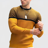 Men's slim fit color block crew neck sweater in yellow, size 3XL, featuring long sleeves and casual knitwear design.