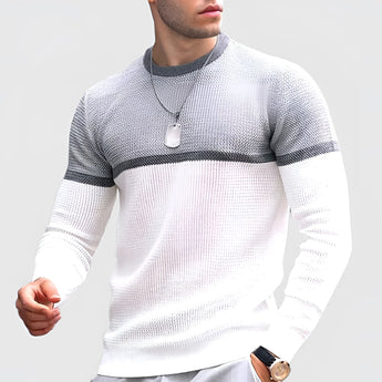 Men's slim fit color block crew neck sweater in white, featuring long sleeves with a comfortable fit at the shoulders, neck, and waist, designed for a casual and stylish look.