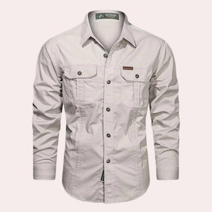 Men's beige slim fit cotton shirt in 3XL size featuring a lightweight design with two chest pockets, button-down front, long sleeves, and a classic collar.