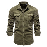 Men's slim fit dark blue denim shirt with long sleeves and button-down collar, featuring a casual fashion design.