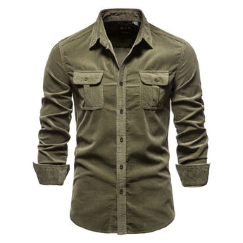 Men's slim fit dark blue denim shirt with long sleeves and button-down collar, featuring a casual fashion design.