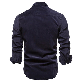 Men's slim fit dark blue denim shirt with long sleeves and a collar, featuring a casual design suitable for everyday wear.