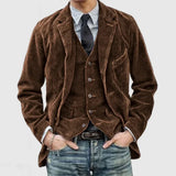 Men's slim fit dark gray corduroy blazer in vintage style, featuring long sleeves and a tailored fit, suitable for formal or semi-formal occasions.