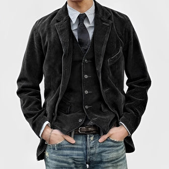 Men's Slim Fit Dark Gray Corduroy Blazer in a vintage style, displayed against a plain background, highlighting its structured outerwear design, tailored fit, and rich dark gray color, suitable for formal occasions or stylish casual wear.