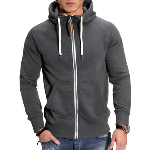 Men's dark grey slim fit hoodie with double zippers, featuring pockets and a drawstring, worn by a model.