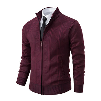 Men's slim fit geometric zip-up cardigan in light gray featuring a high collar and long sleeves, made from knit material. The cardigan has a modern design with a zip closure down the front, providing a stylish and tailored appearance.
