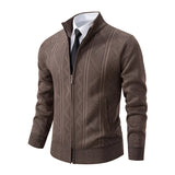 Men's slim fit geometric zip-up cardigan in light gray with a high collar and long sleeves, featuring a subtle pattern throughout the knitwear.