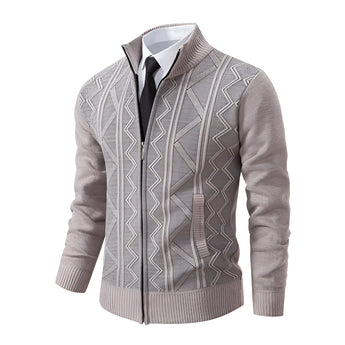 Men's slim fit geometric zip-up cardigan in light gray knitwear, featuring a patterned design with long sleeves and a collar, resembling a blend of casual sweater and formal blazer style.