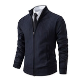 Men's slim fit geometric zip-up cardigan in dark gray, featuring a modern design with a high collar, long sleeves, and a streamlined silhouette, suitable for both casual and formal occasions.