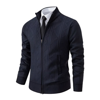 Men's slim fit geometric zip-up cardigan in dark gray, featuring a modern design with a high collar, long sleeves, and a streamlined silhouette, suitable for both casual and formal occasions.