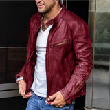 Men's slim fit gray vintage biker leather jacket with zipper, featuring a red color variant in 5XL size, worn by a model with a beard, glasses, and paired with a dress shirt and jeans.