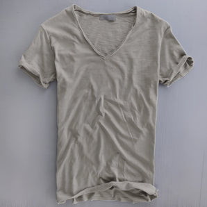 Men's slim-fit grey V-neck T-shirt in 3XL size, featuring short sleeves and made from breathable cotton suitable for summer wear.