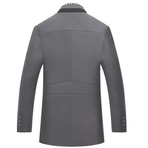 Men's slim fit grey wool winter coat featuring a classic tailored design, with long sleeves and a structured collar. The elegant overcoat serves as formal wear, showcasing a refined blazer-style look suitable for sophisticated occasions.