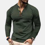 Men's forest green waffle knit long sleeve Henley pullover in a slim fit, featuring a three-button placket neckline, displayed in a light green color for size 3XL.