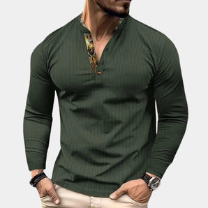 Men's forest green waffle knit long sleeve Henley pullover in a slim fit, featuring a three-button placket neckline, displayed in a light green color for size 3XL.
