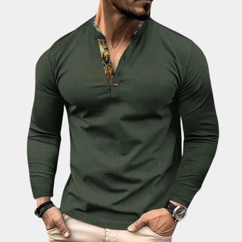 Men's forest green waffle knit long sleeve Henley pullover in a slim fit, featuring a three-button placket neckline, displayed in a light green color for size 3XL.
