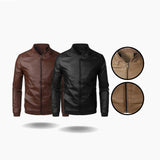 Men's slim fit leather jacket in black and brown motorcycle style, showcasing a sleek design with a defined collar and long sleeves.