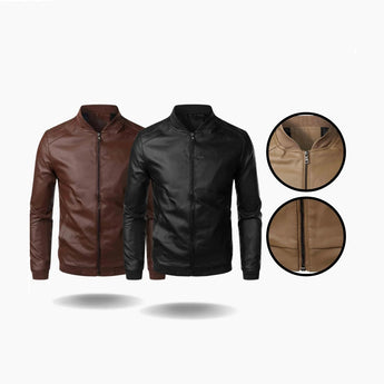 Men's slim fit leather jacket in black and brown motorcycle style, showcasing a sleek design with a defined collar and long sleeves.