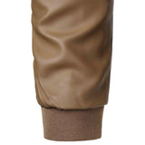 Men's slim fit leather jacket in black and brown with a motorcycle style, featuring long sleeves and a stylish collar.