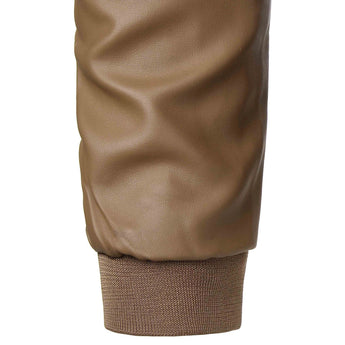 Men's slim fit leather jacket in black and brown with a motorcycle style, featuring long sleeves and a stylish collar.