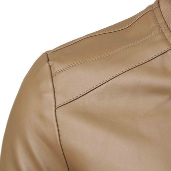 Men's slim fit leather jacket in black and brown with a motorcycle style design, featuring long sleeves, a defined waist, and a classic collar.