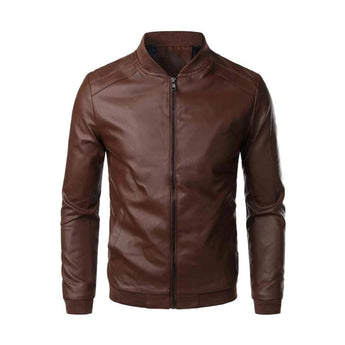 Men's slim fit leather jacket in brown with a motorcycle style design, featuring long sleeves, a structured collar, and pockets, made from natural materials.