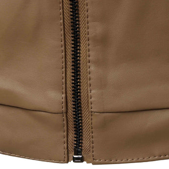 Men's slim fit leather jacket in black and brown motorcycle style featuring long sleeves and a stylish collar, displayed against a neutral background.