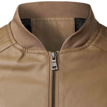 Men's slim fit leather jacket in black and brown motorcycle style, showcasing details such as shoulder, neck, and collar design, along with long sleeves and waist-length fit.