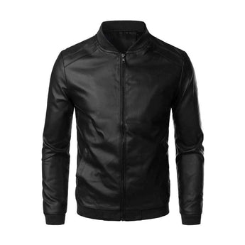 Men's black slim fit leather jacket in a motorcycle style with a collar, long sleeves, and stylish detailing. The jacket is displayed on a mannequin or model, highlighting its structure and fit in an XL size.