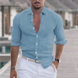 Men's Slim Fit Linen Gray Shirt - Breathable Summer Fashion, Blue, 3XL, worn by man with beard and watch, showcasing shoulder and hairstyle.