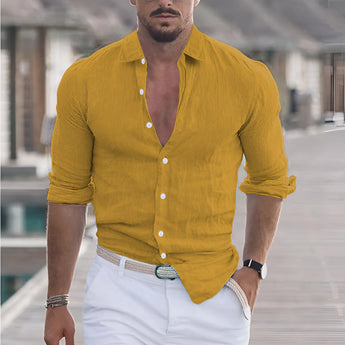 Men's slim fit linen gray shirt, breathable summer fashion, shown in yellow color, size 3XL, featuring a model with a beard, wearing eyewear, showcasing shoulder, neck, sleeve, and waist details.