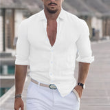 Men's Slim Fit White Linen Shirt - 3XL, Modeled by Bearded Man in Stylish Summer Fashion