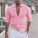 Men's Slim Fit Linen Gray Shirt modeled by a bearded man with a pink variant in 3XL, showcasing breathable summer fashion with focus on shoulder and sleeve details.