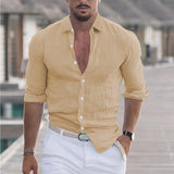 Men's slim fit linen gray shirt, khaki color, 3XL size, breathable and perfect for summer fashion, worn by a model with a beard and styled hair.