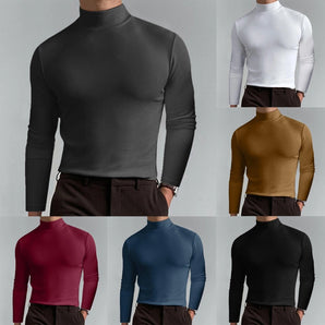 Men's slim fit long sleeve lightweight solid black turtleneck sweater worn by a model showcasing shoulder and arm details against a white background.