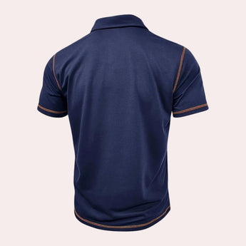 Men's slim-fit athletic polo shirt in navy blue with contrast piping, featuring a collar and short sleeves, designed for sportswear.