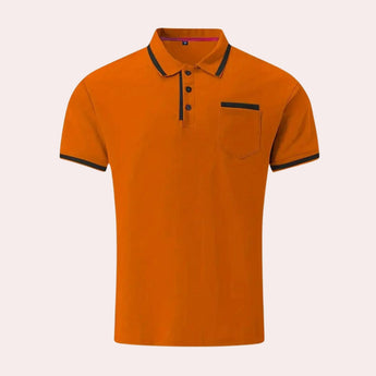 Men's slim-fit navy blue athletic polo shirt with orange contrast piping, featuring a collar and short sleeves in XL size.