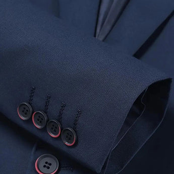 Men's slim fit navy blue blazer designed for formal evening events and parties, featuring a sleek and modern style.