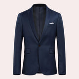 Men's slim fit navy blue blazer featuring a formal design with a structured collar and long sleeves, suitable for evening and party occasions.