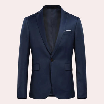 Men's slim fit navy blue blazer featuring a formal design with a structured collar and long sleeves, suitable for evening and party occasions.