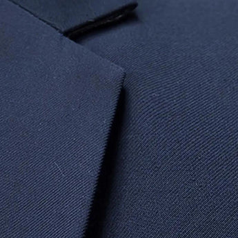 Men's slim fit navy blue blazer designed for formal evening and party occasions, featuring a classic collar and long sleeves, suitable for pairing with a dress shirt.
