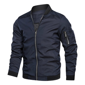 Men's dark blue slim fit bomber jacket with a zip-up front, ribbed collar, and cuffs, styled for a casual and lightweight look, suitable for everyday wear.