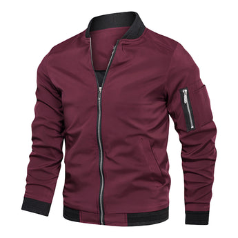 Men's slim fit red bomber jacket in size 3XL featuring a lightweight design with a casual and stylish appearance, complete with a collar and sleeves.