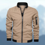 Men's slim fit navy bomber jacket with zipper pocket, featuring a lightweight design, long sleeves, and a classic collar.