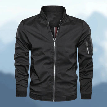 Men's slim fit black bomber jacket in size 3XL featuring a lightweight design, zipper pocket, and classic collar with long sleeves.