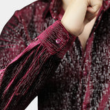 Men's slim fit shimmer shirt with a red to black gradient, featuring long sleeves, a standard collar, and a fashionable party wear design.