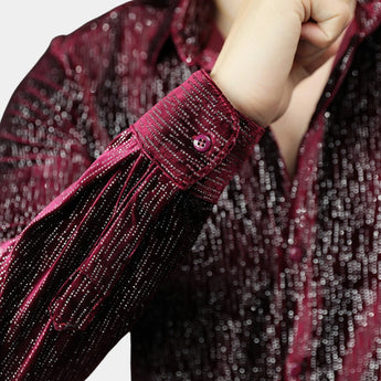 Men's slim fit shimmer shirt with a red to black gradient, featuring long sleeves, a standard collar, and a fashionable party wear design.